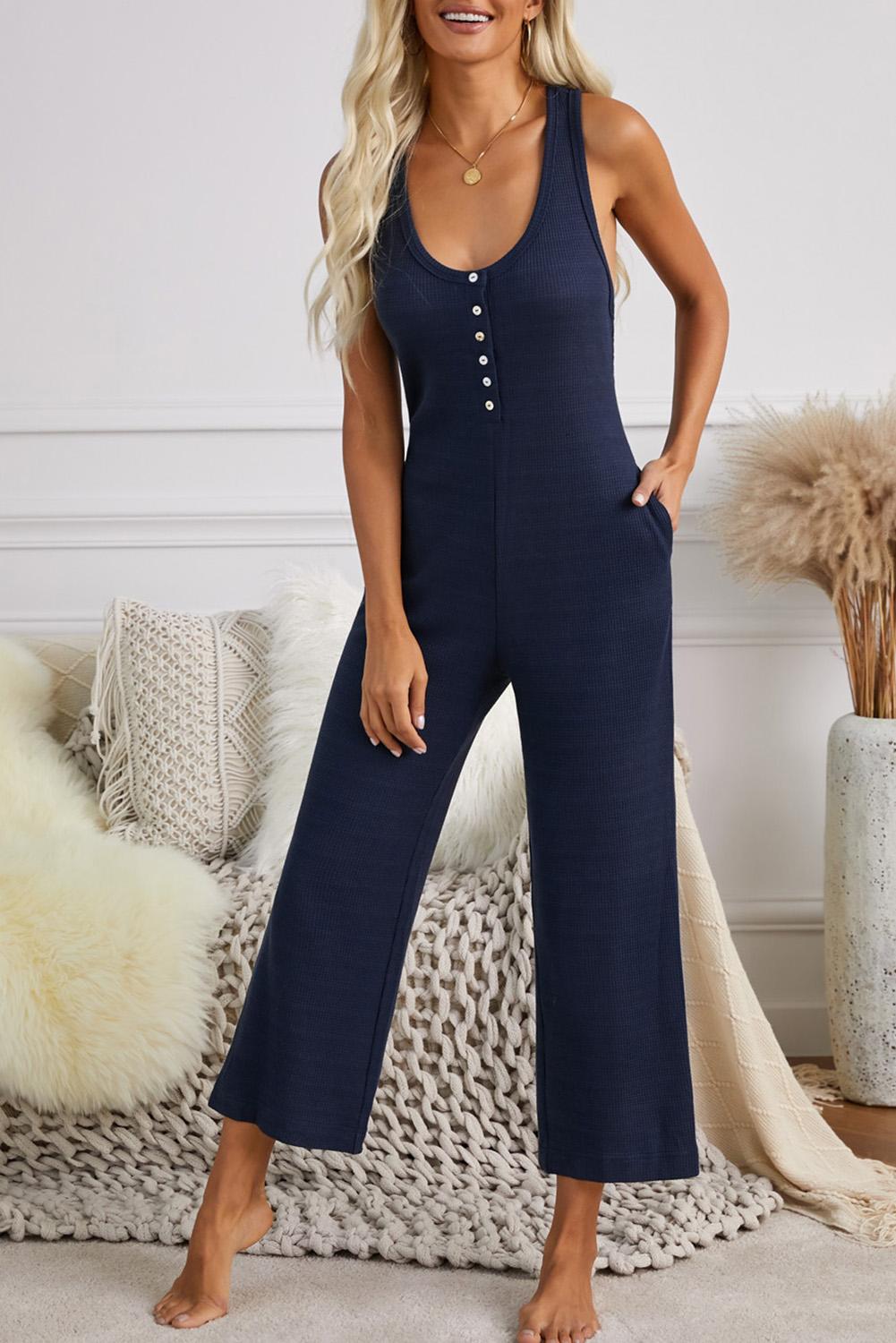 BLUE POCKETED THERMAL SLEEVELESS JUMPSUIT | JUMPSUITS & ROMPERS ⋆ Hirigin