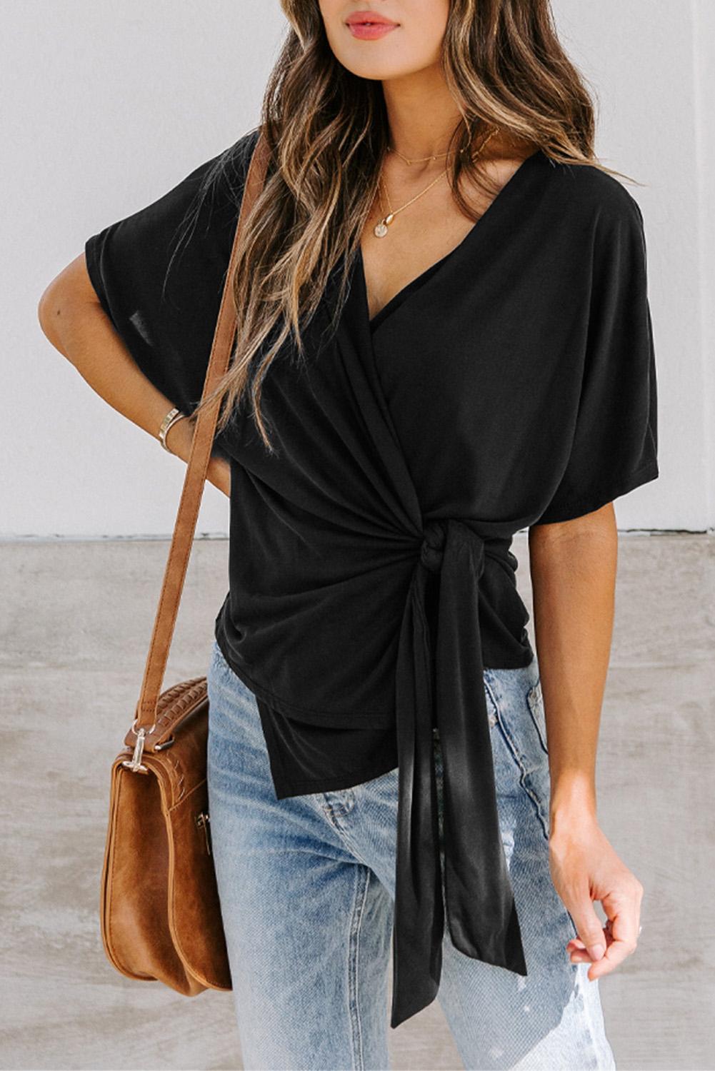 BLACK SHORT SLEEVE WRAP TOP | TOPS & TEES ⋆ Hirigin