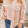 Orange Plus Size Striped Shirt With Chest Pockets