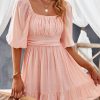 Bow Knot Square Neck Ruffled High Waist Mini Dress