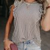 Gray Crew Neck Ruffled Striped Tank Top