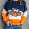 Blue Cute Pumkin Print Fall Vibe Color Block Sweatshirt