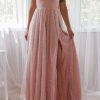 Pink Spaghetti Straps Backless Sequin Tulle Gown