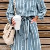 Sky Blue Striped Shirt Midi Dress With Sash