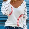 White Baseball Seam Print Sheer Striped Long Sleeve Top