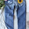 Sky Blue Sunflower Leopard Pattern Patchwork Distressed Jeans