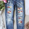 Sky Blue Daisy Flower Patchwork Frayed Jeans