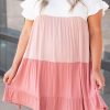 Pink Colorblock Tiered Ruffled Plus Size Dress