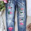 Sky Blue Watermelon Graphic Patchwork Distressed Jeans