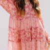 Pink Bubble Sleeve Floral Print Dress