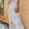 White Lace Contrast Backless Spaghetti Straps Maxi Dress