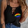 Black Rainbow Lip Graphic Print Cut Out Tank Top