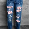 Valentine Heart Patchwork Distressed Straight Leg Jeans