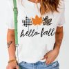 White Hello Fall Mapel Leaves Graphic Short Sleeve Tee