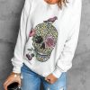 Floral Leopard Skull Print Crew Neck Graphic Sweatshirt