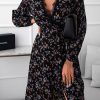 Black Wrap Eyelash V Neckline Long Sleeves Floral Dress