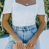 White Ruched V Neck Lace Up Short Sleeve Bodysuit