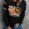 Black Fall Vibes Pumpkin Graphic Leopard Cutout Sleeve Sweatshirt