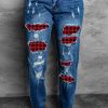 Buffalo Plaid Patches Ripped Straight Jeans