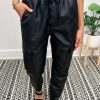 Black PU Leather Drawstring Elastic Waist Joggers