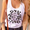 White Letters Leopard Print U Neck Racerback Tank Top