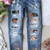 Sky Blue Flowers Printed Patch Ripped Boyfriend Denim Jeans