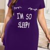 Purple Plus Size LET ME SLEEP Graphic Print Black Nightwear Mini Dress