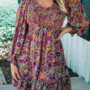 Purple Smocked V Neck Puffy Sleeve Floral Dress