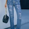 Sky Blue Star Print Patchwork Mid Waist Distressed Jeans