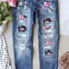 Sky Blue Hibiscus Flamingo Print Patchwork Distressed Jeans