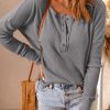 Gray Subtle Waffle Knit Button Up Long Sleeve Top