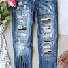 Sky Blue American Flag Print Patchwork Distressed Jeans