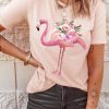 Pink Flamingo Carrying Flowers Print Crew Neck Tee