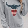 Gray American Flag Steer Head Print Crewneck Pullover Sweatshirt