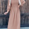 Khaki Smocked Ruffled Wrist Bubble Sleeve Maxi Dress