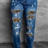 Distressed Leopard Patchwork Straight Leg Jeans