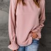 Pink Crew Neck Ruffle Bubble Sleeve Top