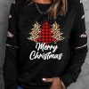 Merry Christmas Plaid Leopard Print Cut Out Long Sleeve Sweatshirt