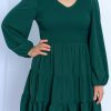 Green Plus Size Puff Sleeve Smocked Tiered Dress