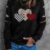 Black Plaid Leopard Heart Print Cut-out Sleeve Pullover Sweatshirt