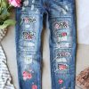 Sky Blue Floral Leopard Patchwork Slim Fit Distressed Jeans