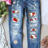 Sky Blue Flower Strawberry Print Patchwork Distressed Jeans