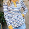 Striped Knit Button Neck Long Sleeve Top