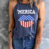 Blue 'MERICA Flag Lip Shape Printed Slim Fit Tank Top