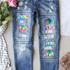 Sky Blue Tie Dye Print Distressed High Waist Ankle Jeans