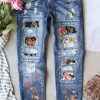 Sky Blue Floral Pattern Patched Straight Jeans