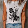 White Tropical Palm Leaves Print Ripped Crew Neck Tank Top