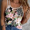 Flower Leopard Printed Cut Out Spaghetti Strap Tank Top