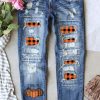 Sky Blue Fall Pumpkin Print Plaid Patches Distressed Jeans