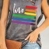 Gray Love Rainbow Color Print Distressed Tank Top